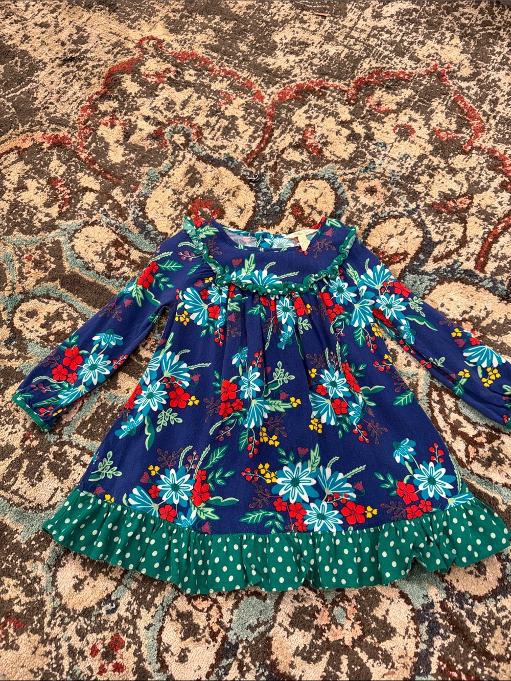 Matilda Jane Navy Floral Dress with Green Polka-Dot Ruffle